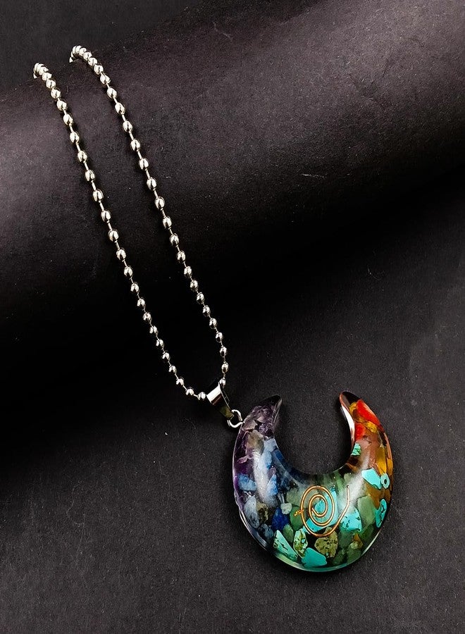 Saiizen Platinium Plated Multicolor Stone 7 Chakra Half Moon Pendant for Women and Men - Image 5