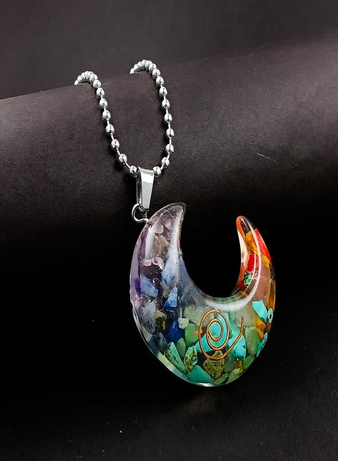 Saiizen Platinium Plated Multicolor Stone 7 Chakra Half Moon Pendant for Women and Men - Image 4