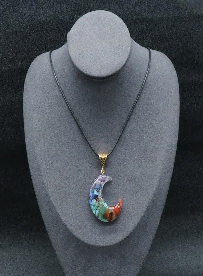 Saiizen Platinium Plated Multicolor Stone 7 Chakra Half Moon Pendant for Women and Men - Image 2