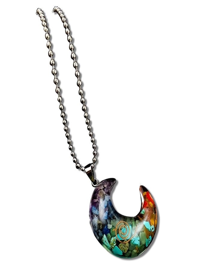Saiizen Platinium Plated Multicolor Stone 7 Chakra Half Moon Pendant for Women and Men - Image 1