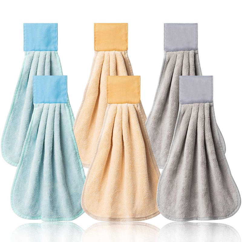 R HORSE 6Pcs Kitchen Hanging Towel with Hanging Loop Blue Beige Gray Hand Dishcloths Set Absorbent Coral Fleece Bathroom Dish Cloth Soft Thick Dry Towel Decorations for Kitchen Bathroom