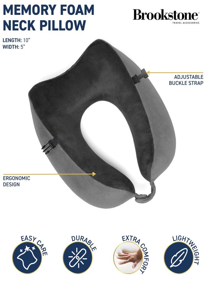 Brookstone مجموعة وسادة السفر العنق من بروكستون بذاكرة فوم - وسادة سفر خفيفة الوزن على شكل U قابلة للتعبئة للسفر في السيارة والطائرة والنوم، مقاس واحد، رمادي/أسود - Image 2