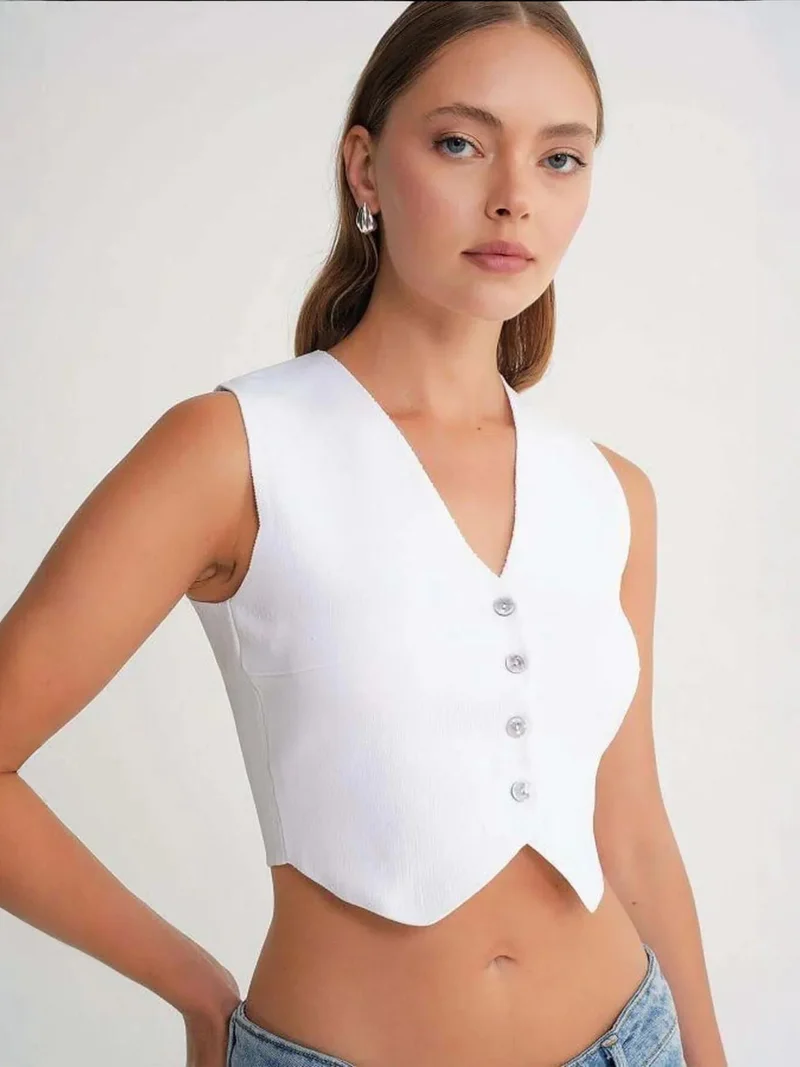 MixRay Mixray V-Neck Buttoned Crop Vest