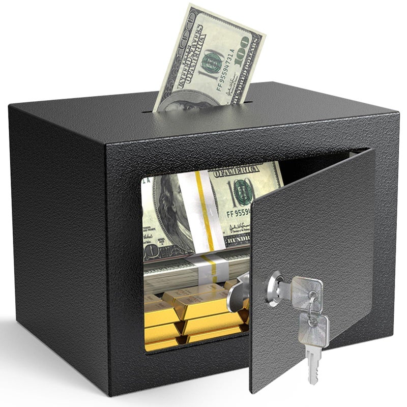 PATRON Small Safe Box with Key Lock,Mini Safe for Money with Coin Slotï¼ŒSteel Security Deposit Box for Cash Jewelry Coinï¼Œ0.24 Cubic Feet - Image 1