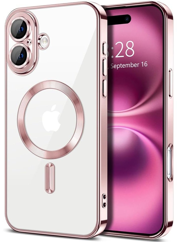 Magnetic for iPhone 16, Case Clear, [Compatible with Magsafe, Built-in Camera Lens Protector], Soft Slim Phone Case Cover for iPhone 16 - Pink