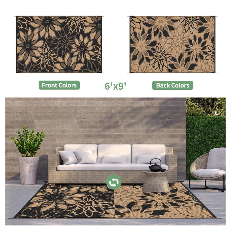 GENIMO Outdoor Rug Waterproof for Patio Decor, 6' x 9' Reversible Plastic Straw Floral Camping Carpet, Large Area Rugs Mats for RV, Camper, Deck, Balcony, Porch, Beach, Picnic, Black & Brown - Image 5