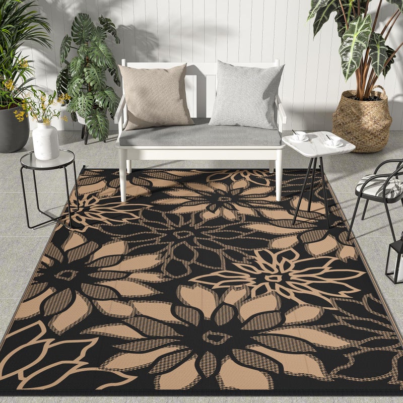 GENIMO Outdoor Rug Waterproof for Patio Decor, 6' x 9' Reversible Plastic Straw Floral Camping Carpet, Large Area Rugs Mats for RV, Camper, Deck, Balcony, Porch, Beach, Picnic, Black & Brown - Image 1