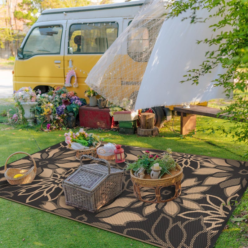GENIMO Outdoor Rug Waterproof for Patio Decor, 6' x 9' Reversible Plastic Straw Floral Camping Carpet, Large Area Rugs Mats for RV, Camper, Deck, Balcony, Porch, Beach, Picnic, Black & Brown - Image 4
