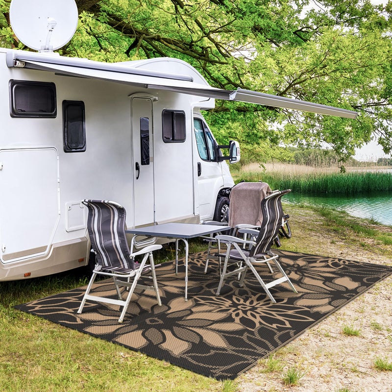 GENIMO Outdoor Rug Waterproof for Patio Decor, 6' x 9' Reversible Plastic Straw Floral Camping Carpet, Large Area Rugs Mats for RV, Camper, Deck, Balcony, Porch, Beach, Picnic, Black & Brown - Image 3