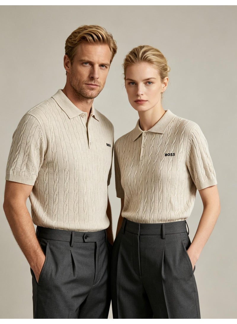 BOSS Unisex Short Sleeve Cable Knit Polo Shirt, Beige, Men's Women's Smart Casual Top - Image 2