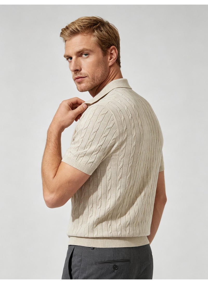 BOSS Unisex Short Sleeve Cable Knit Polo Shirt, Beige, Men's Women's Smart Casual Top - Image 4