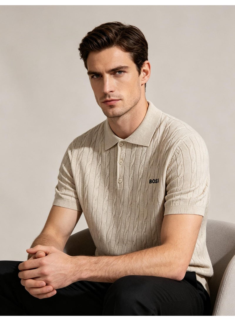BOSS Unisex Short Sleeve Cable Knit Polo Shirt, Beige, Men's Women's Smart Casual Top - Image 1