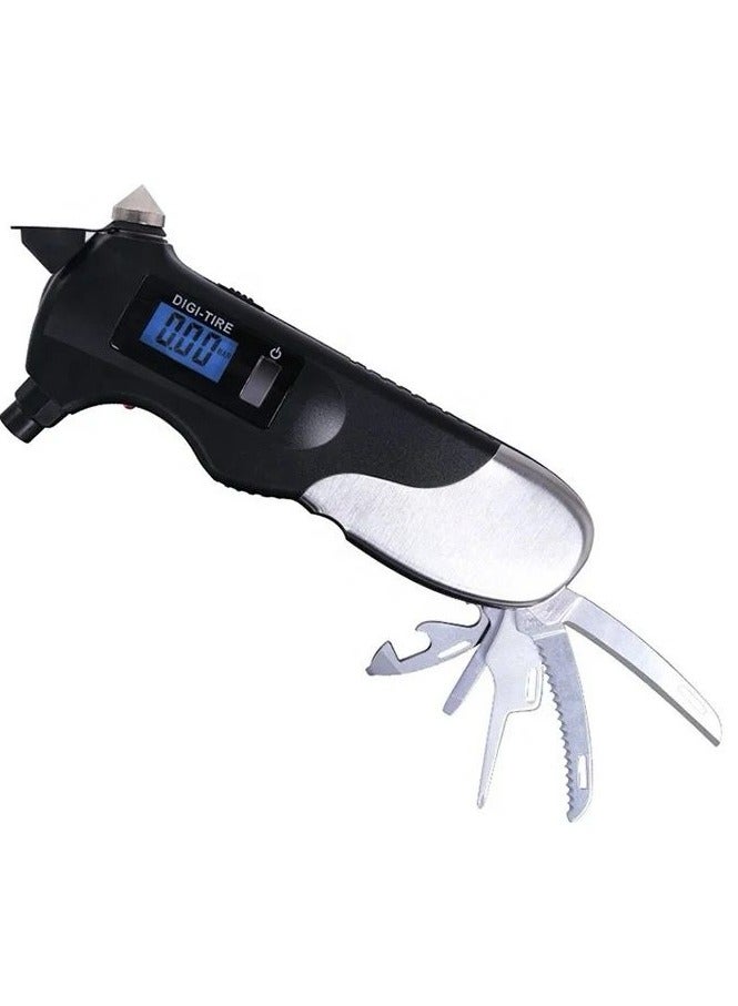 Generic Digital Tire Pressure Gauge, 5 in 1 Rescue Emergency Escape Tools of LED Flashlight, Glass Hammer, Seat-Belt Cutter, Red Safety Light and Tire Gauge for Car, Motorcycle.  - Image 2