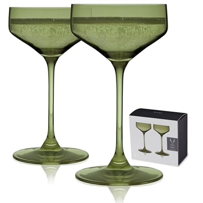 Viski Reserve Nouveau Sage Green Coupe Cocktail Glasses - Crystal Colored Coupe Glasses Colorful Martini Glasses - 6.5oz Long Stem Glassware Set Set of 2
