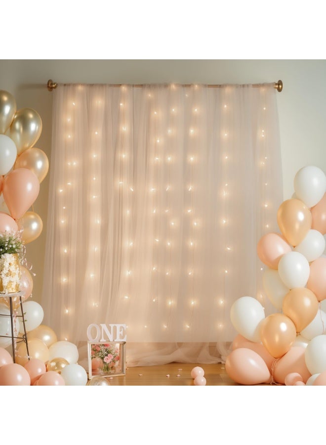 ستارة خلفية من تول شامبانيا مع أضواء سترينغ للحفلات، ستائر خلفية شفافة للزفاف وحفلات استقبال المولود وحفلات عيد الميلاد وديكورات جلسات التصوير (قطعتين) - Image 2