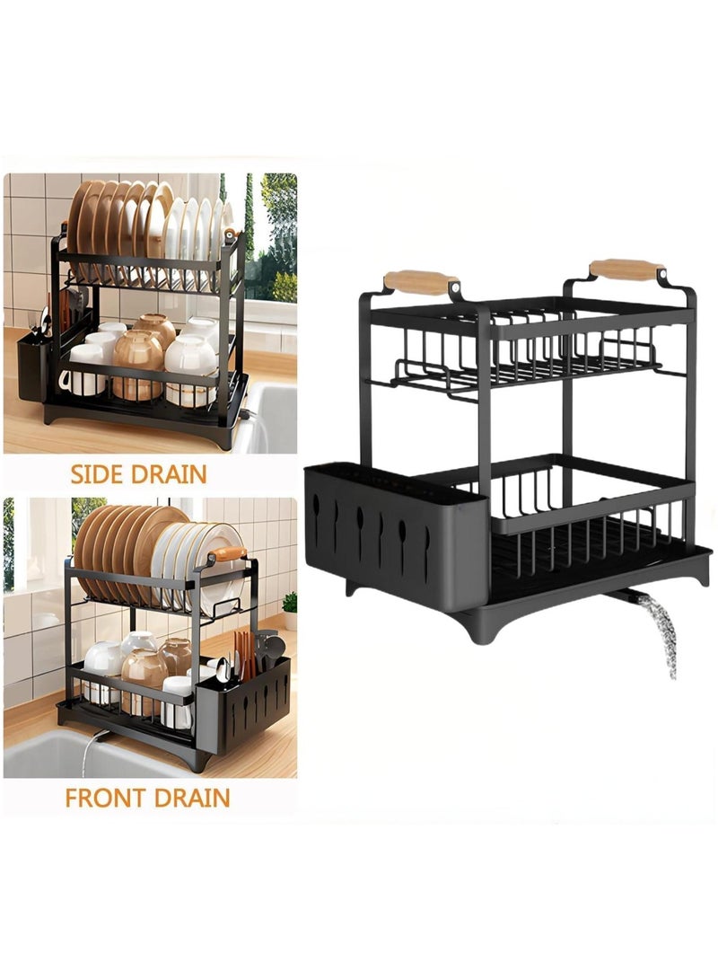 New Dish Drying Rack with Drainage,Stainless Steel 2 Tier Dish Rack with Drainboard Set,Large Dish Drainers With Removable Cutting Board Holder Utensil Holder and Cup Holder Baking Black - Image 1