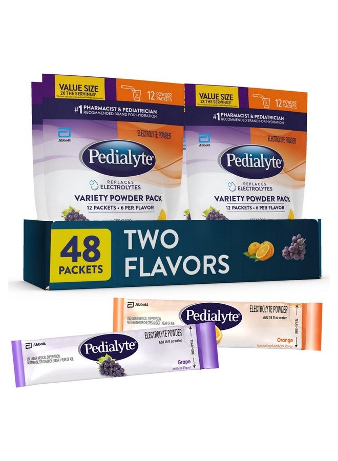Pedialyte Electrolyte Powder, Hydration Drink for Kids & Adults, Variety Pouch: Grape and Orange, 48 Powder Packets - Image 1