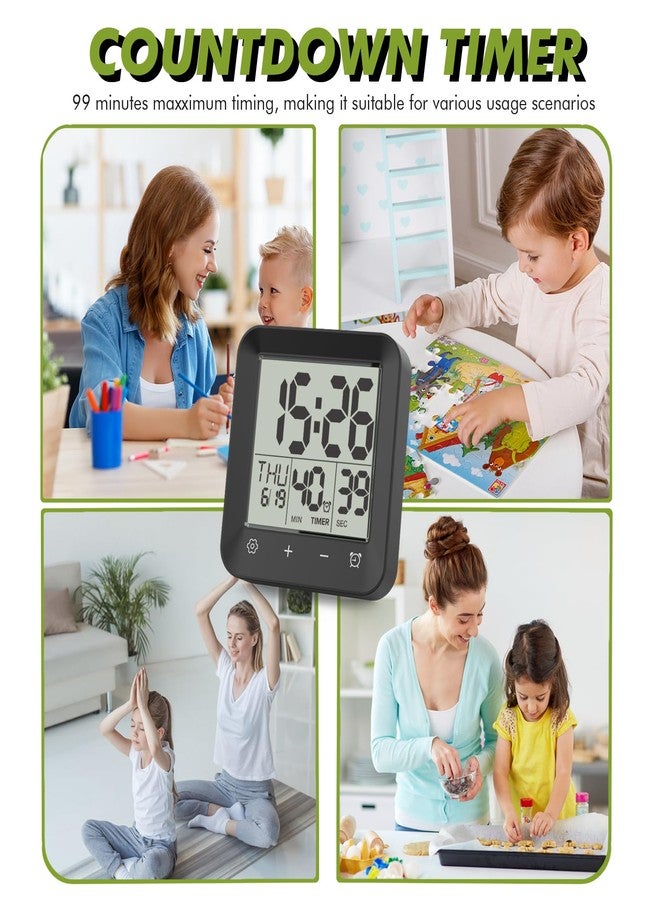 Wisoee Digital Shower Clock Waterproof, Bathroom Wall Clock Timer with Touch Screen, Temperature, LCD Display, Suction Cup Hanging Hole Stand for Kids and Adults (Black) - Image 5