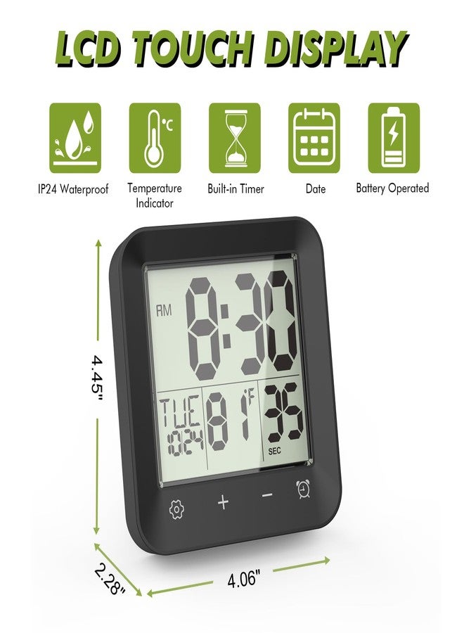Wisoee Digital Shower Clock Waterproof, Bathroom Wall Clock Timer with Touch Screen, Temperature, LCD Display, Suction Cup Hanging Hole Stand for Kids and Adults (Black) - Image 2