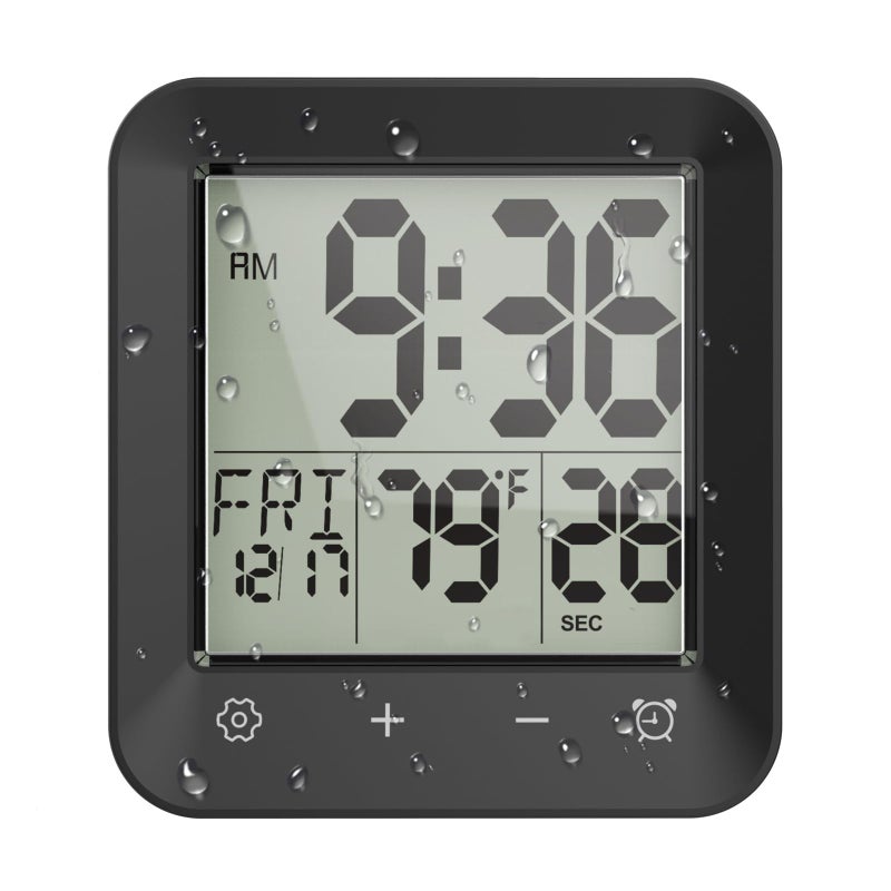 Wisoee Digital Shower Clock Waterproof, Bathroom Wall Clock Timer with Touch Screen, Temperature, LCD Display, Suction Cup Hanging Hole Stand for Kids and Adults (Black) - Image 1