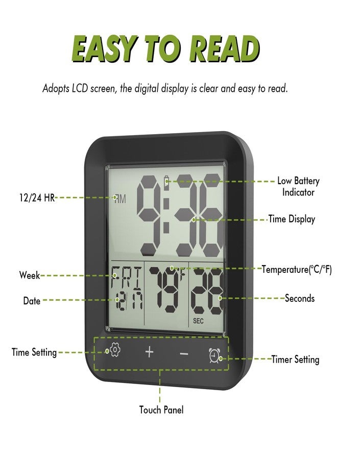 Wisoee Digital Shower Clock Waterproof, Bathroom Wall Clock Timer with Touch Screen, Temperature, LCD Display, Suction Cup Hanging Hole Stand for Kids and Adults (Black) - Image 3