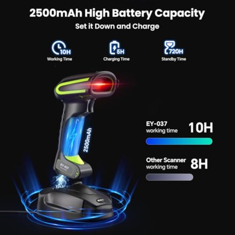 2D QR Industrial Barcode Scanner with Wireless Charging Stand, Rugged Heavy Duty and IP65 Waterproof 3-in-1 Bluetooth and Wireless and USB Hands-Free Barcode Reader for Laptop Desktop Tablet Android - Image 4