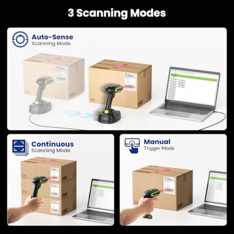 2D QR Industrial Barcode Scanner with Wireless Charging Stand, Rugged Heavy Duty and IP65 Waterproof 3-in-1 Bluetooth and Wireless and USB Hands-Free Barcode Reader for Laptop Desktop Tablet Android - Image 3