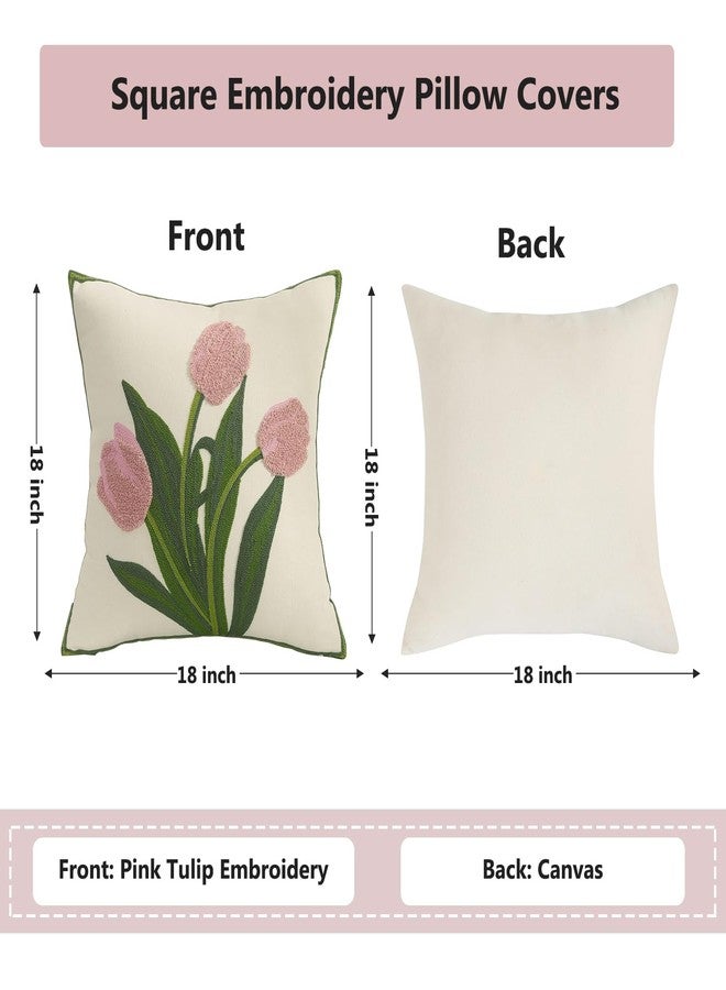 Tosleo Embroidery Throw Pillow Covers 18x18 Pack of 2 Pink Tulip Flower Pillowcases Accent Decor Cotton Canvas Cushion Cover Square Farmhouse Floral Decoration for Bedroom Sofa Living Room - Image 2