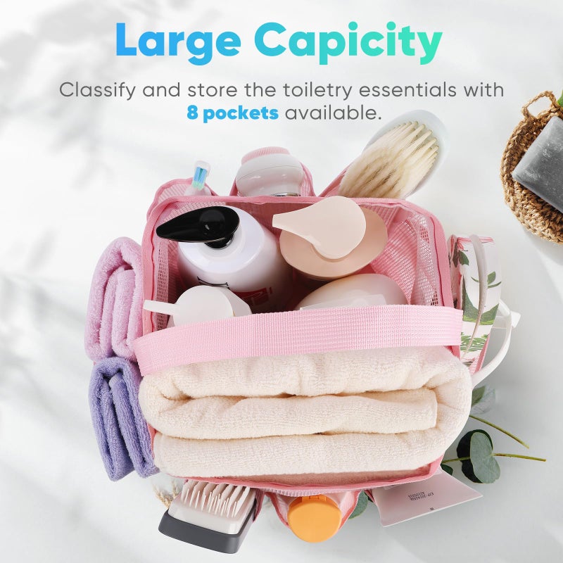 EUDELE Mesh Shower Caddy Portable for College Dorm Room Essentials,Portable Shower Caddy Dorm with 8-Pocket Large Capacity, Shower Bag for Beach, Swimming, Gym, Travel essentials, Pink - Image 2