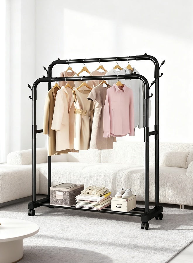 DESINO Clothes rack, double pole clothes rack 110m, heavy-duty clothes rack with base, suitable for storing clothes or shoes, independent wheel design, suitable for bedrooms and laundry rooms, black. - Image 3