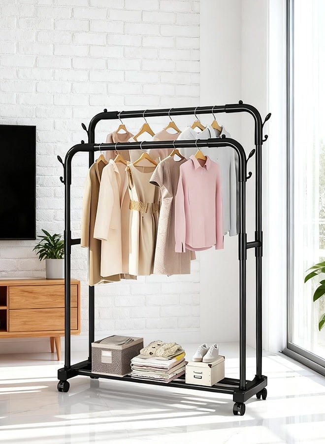 DESINO Clothes rack, double pole clothes rack 110m, heavy-duty clothes rack with base, suitable for storing clothes or shoes, independent wheel design, suitable for bedrooms and laundry rooms, black. - Image 2
