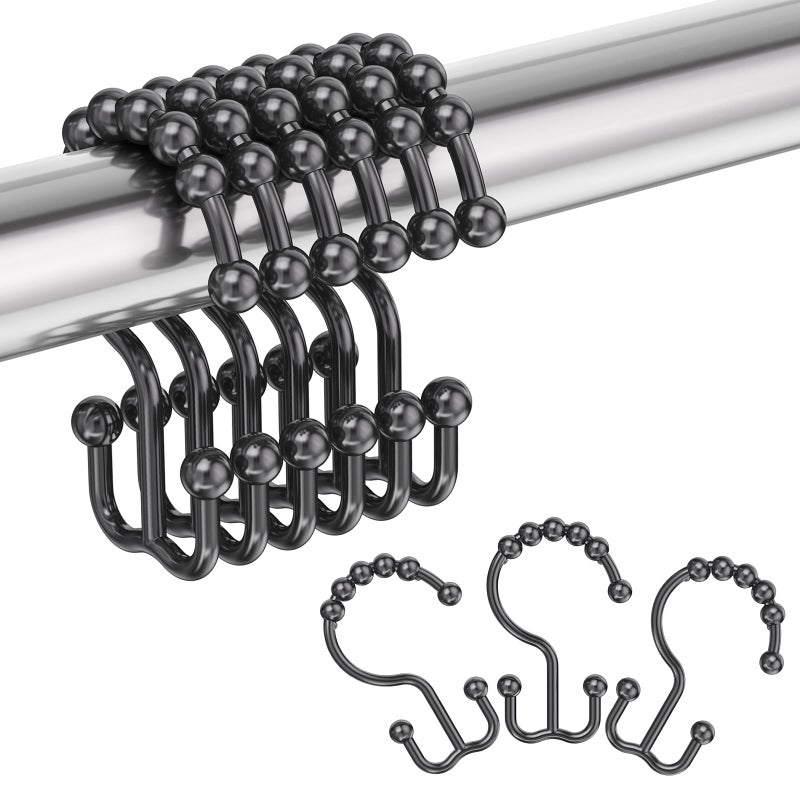 Amazer Plastic Shower Curtain Hooks, Black Shower Curtain Rings, 12Pcs Shower Hooks for Shower Curtain, Double Shower Rings, Bathroom - Image 1