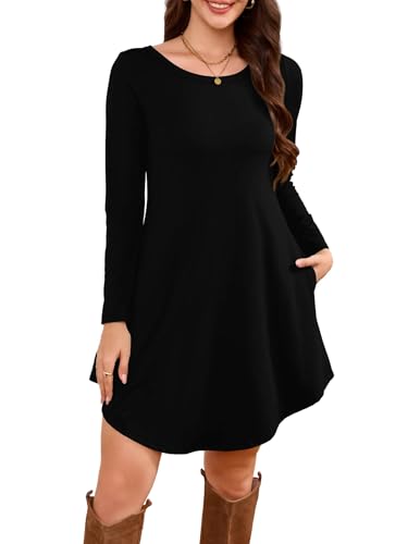 DEARCASE Women's Long Sleeve T Shirt Dress Black Large Crewneck Knee Length Loose Casual Flowy Swing Tunic Dresses with Pockets - Image 1