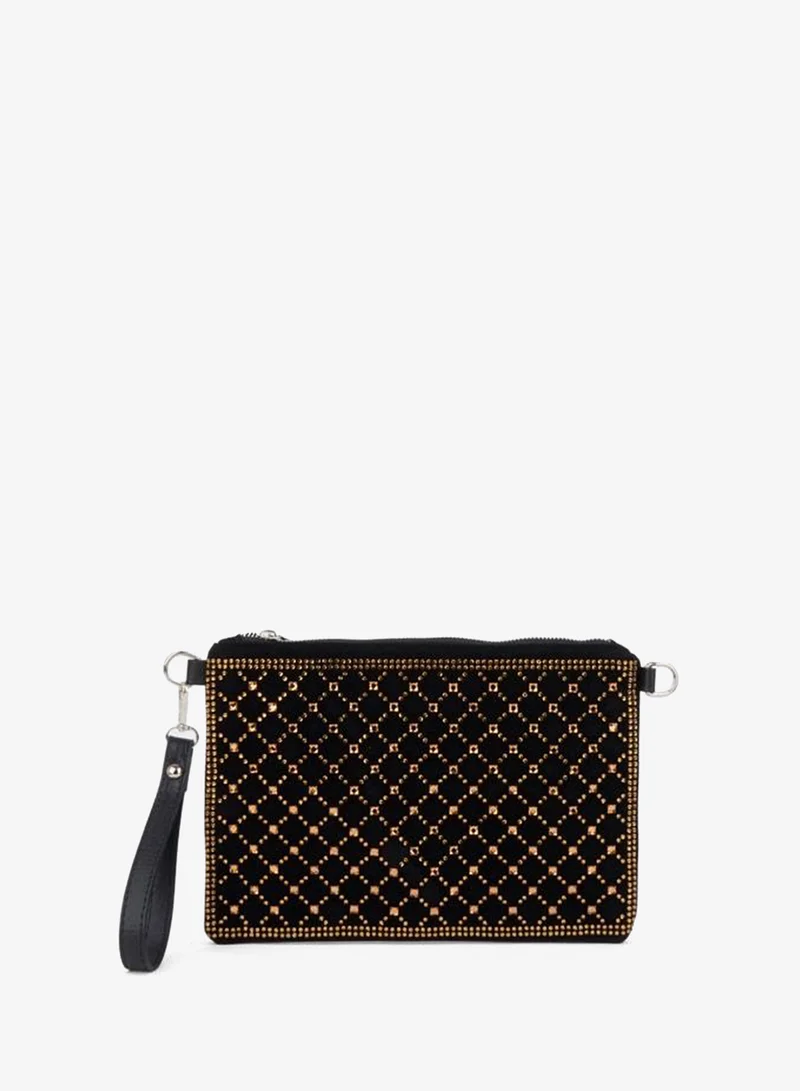 Women's Quilted Gold-Stone Suede Wrist-Strap and Chain-Strap Portfolio Handbag and Clutch