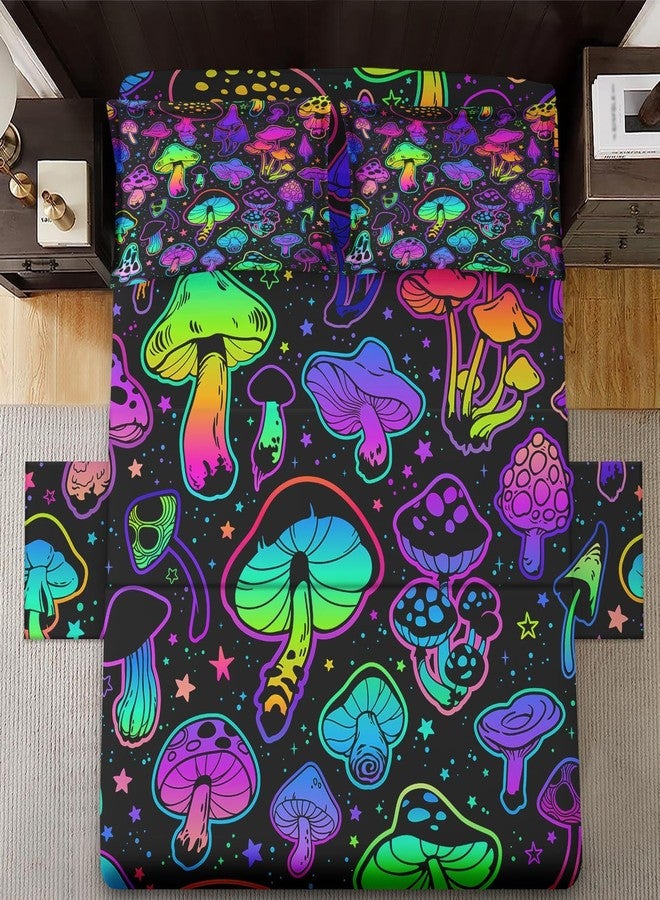 WeCozy Queen Size 4 Pcs Bed Fitted Sheet Set with 14" Deep Pocket, Summer Purple Plant Flat Sheet Set for Kids and Adults, Colorful Neon Mushroom Bedding with 2 Pillowcases - Image 3