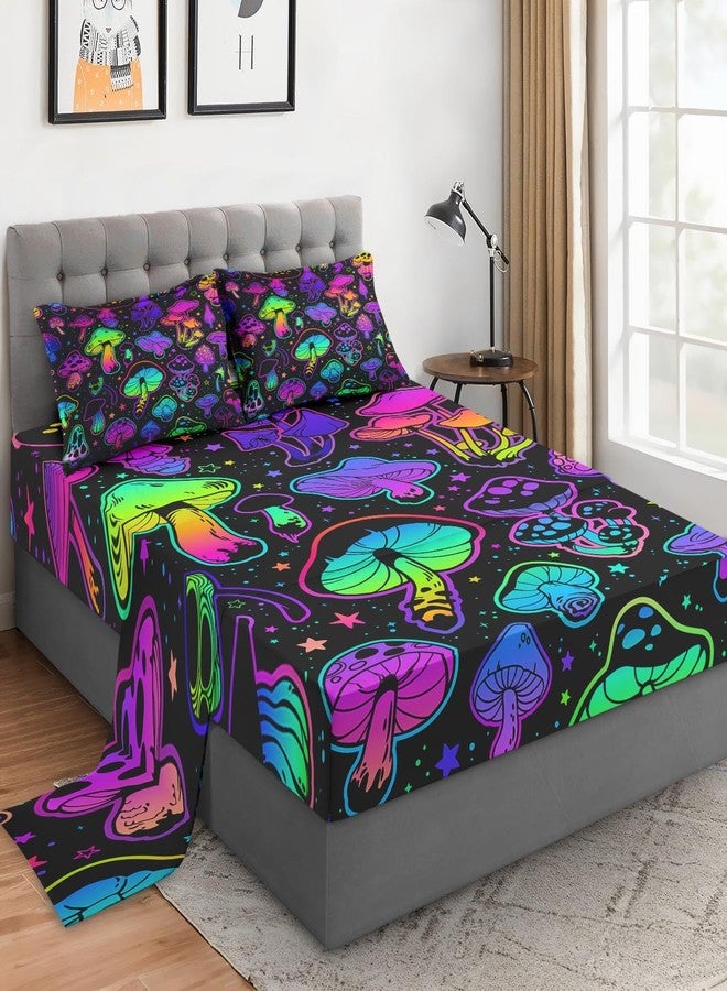 WeCozy Queen Size 4 Pcs Bed Fitted Sheet Set with 14" Deep Pocket, Summer Purple Plant Flat Sheet Set for Kids and Adults, Colorful Neon Mushroom Bedding with 2 Pillowcases - Image 1
