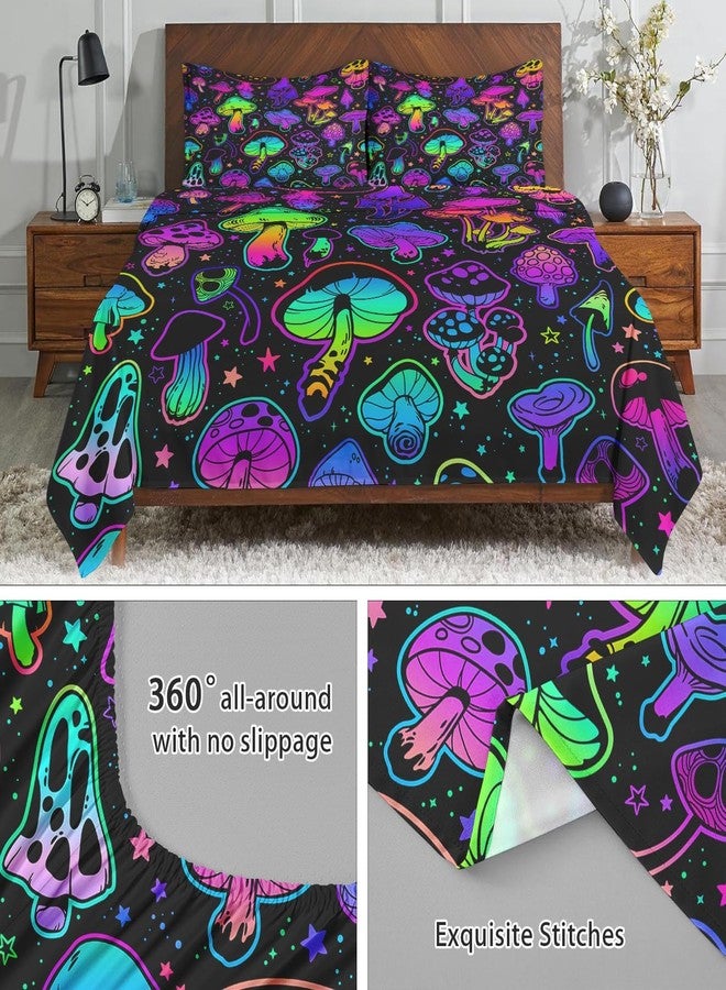 WeCozy Queen Size 4 Pcs Bed Fitted Sheet Set with 14" Deep Pocket, Summer Purple Plant Flat Sheet Set for Kids and Adults, Colorful Neon Mushroom Bedding with 2 Pillowcases - Image 5