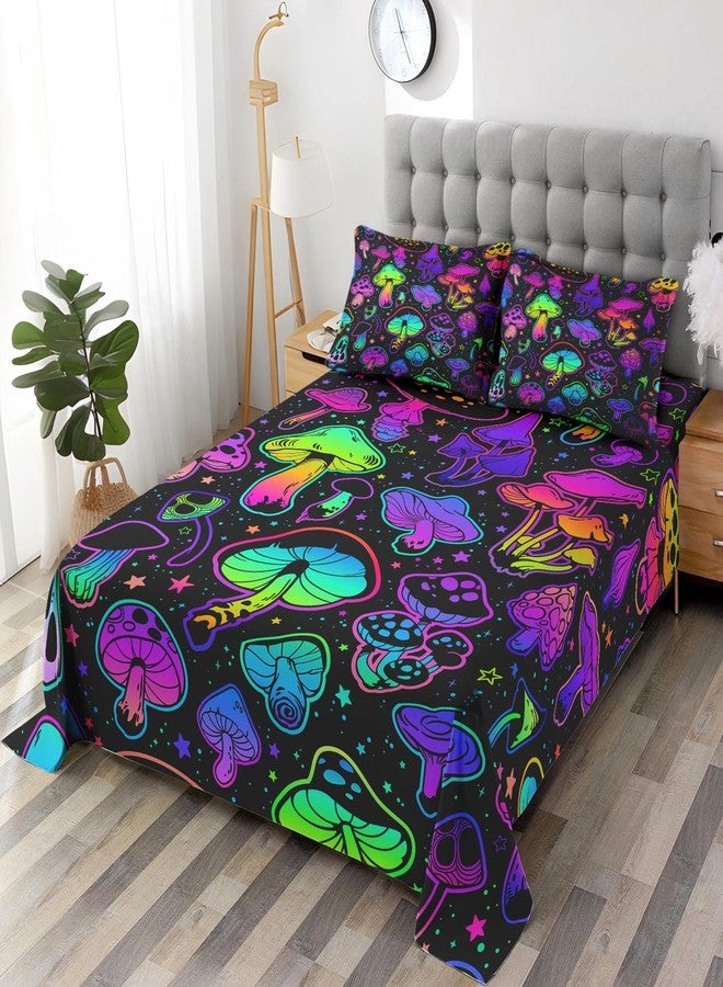 WeCozy Queen Size 4 Pcs Bed Fitted Sheet Set with 14" Deep Pocket, Summer Purple Plant Flat Sheet Set for Kids and Adults, Colorful Neon Mushroom Bedding with 2 Pillowcases - Image 4