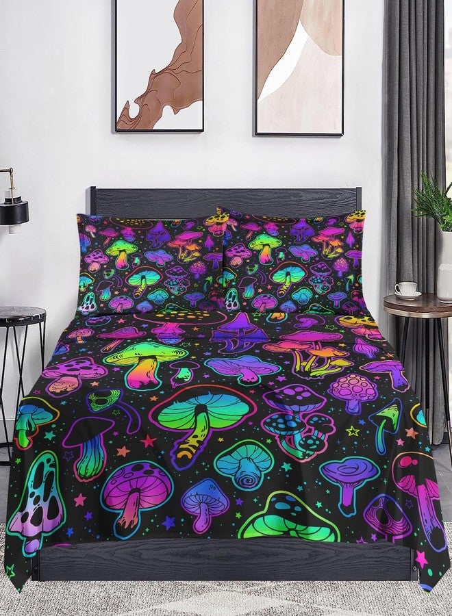WeCozy Queen Size 4 Pcs Bed Fitted Sheet Set with 14" Deep Pocket, Summer Purple Plant Flat Sheet Set for Kids and Adults, Colorful Neon Mushroom Bedding with 2 Pillowcases - Image 2
