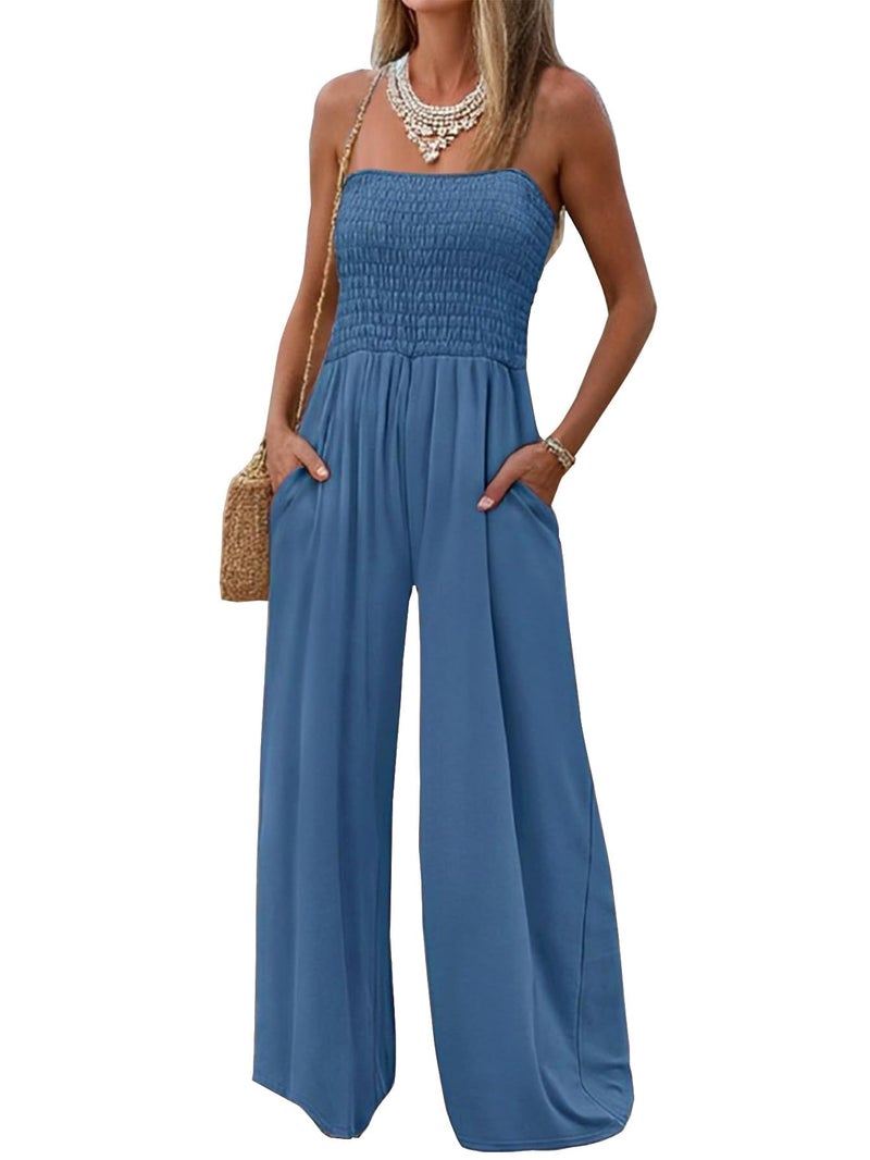 AUXDIO Strapless Jumpsuits for Women Casual Dressy Smocked Off Shoulder Beach Summer Loose Soft Long Pant with Pocket Blue M - Image 1