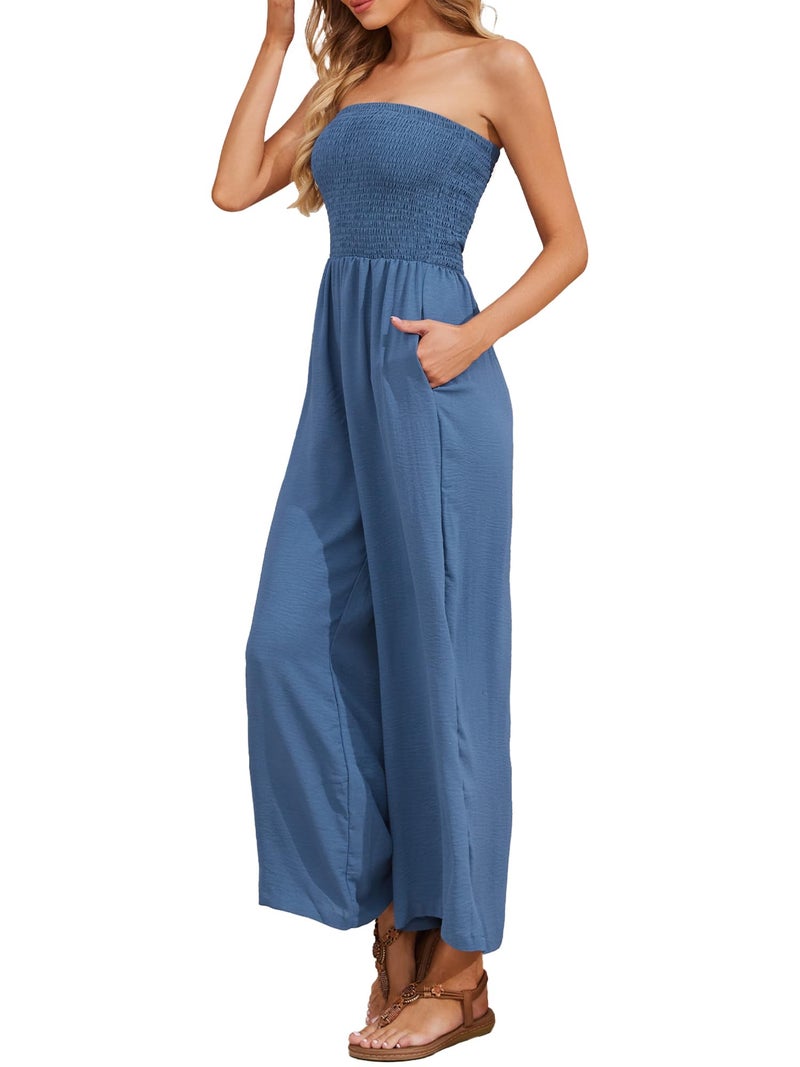 AUXDIO Strapless Jumpsuits for Women Casual Dressy Smocked Off Shoulder Beach Summer Loose Soft Long Pant with Pocket Blue M - Image 2