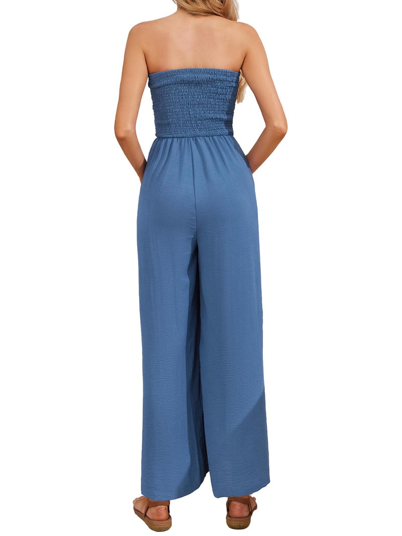 AUXDIO Strapless Jumpsuits for Women Casual Dressy Smocked Off Shoulder Beach Summer Loose Soft Long Pant with Pocket Blue M - Image 3