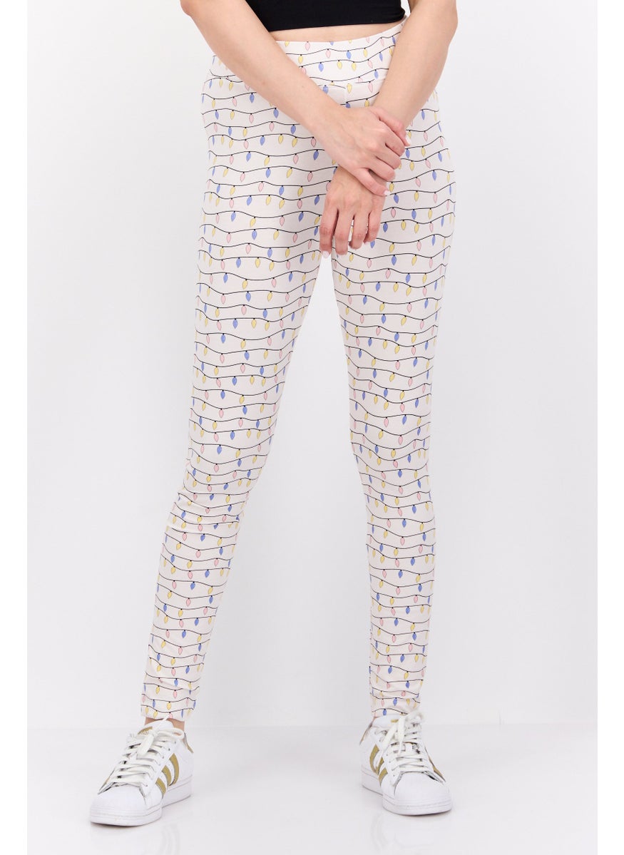 MONKI Women Allover Print Pull-On Leggings, Cream Combo  - Image 1
