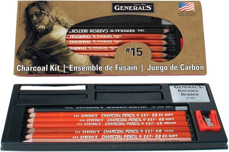 GENERAL'S Charcoal Drawing Kit - 15 Piece Set with Pencils, Eraser, and Sharpener - Image 1