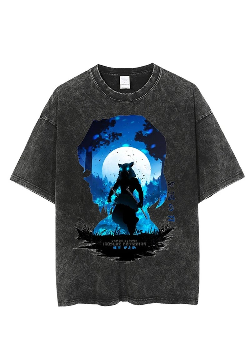 Washed retro T-shirt street hip hop anime Demon Slayer Kimetsu No Yaiba casual cotton summer short sleeves - Image 1