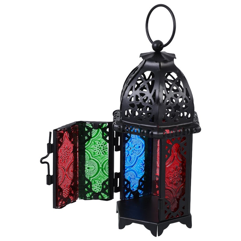 Style Candle Lantern Vintage Candle Holder for Events, Parties and Weddings(Black Frame and Colorful Sides) - Image 1