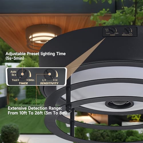 Yisuro Outdoor Ceiling Light with Motion Sensor Flush Mount Farm House Porch Light Ceiling Mount LED Light Fixture - Adjustable 3 Modes Sensor for Patio,Garage (Black) - Image 4