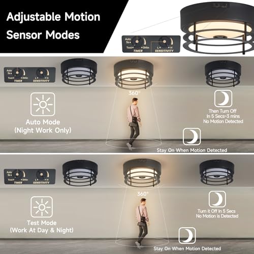 Yisuro Outdoor Ceiling Light with Motion Sensor Flush Mount Farm House Porch Light Ceiling Mount LED Light Fixture - Adjustable 3 Modes Sensor for Patio,Garage (Black) - Image 2