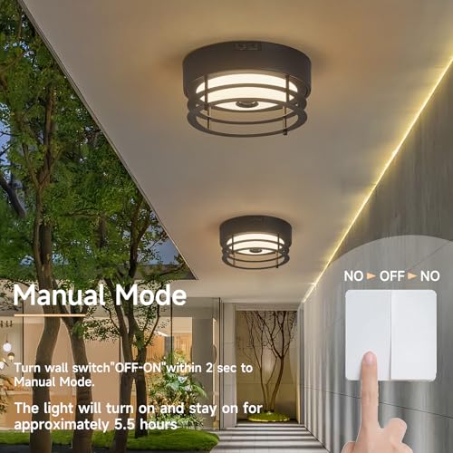 Yisuro Outdoor Ceiling Light with Motion Sensor Flush Mount Farm House Porch Light Ceiling Mount LED Light Fixture - Adjustable 3 Modes Sensor for Patio,Garage (Black) - Image 3