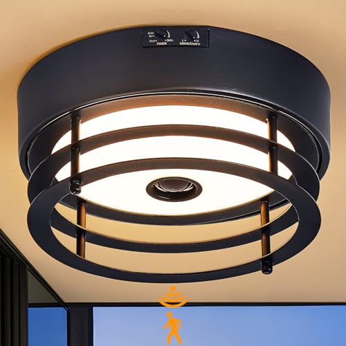 Yisuro Outdoor Ceiling Light with Motion Sensor Flush Mount Farm House Porch Light Ceiling Mount LED Light Fixture - Adjustable 3 Modes Sensor for Patio,Garage (Black) - Image 1